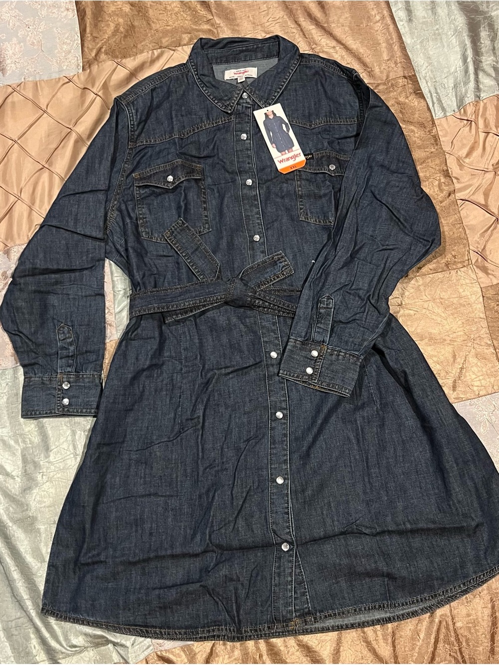 Wrangler Denim Long-Sleeve Shirt Dress with Self-Tie Belt